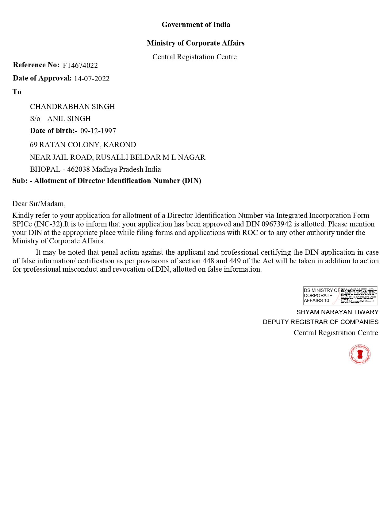 Allotment Of Director Identification Number Din Page 0001